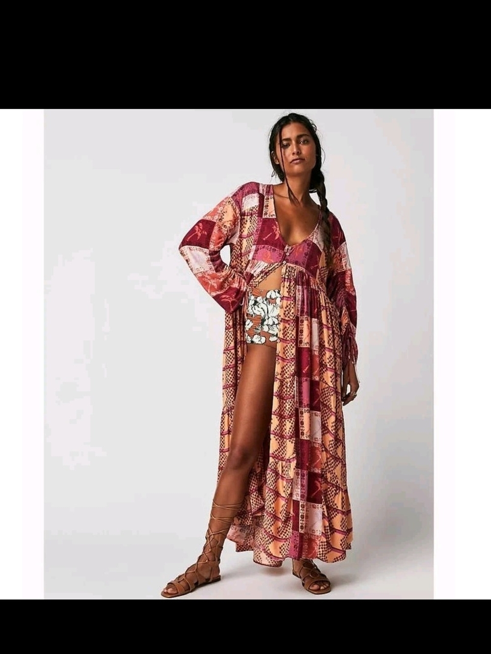 Free People Patchwork Multi-Color Maxi Dress in Burgundy, Peach, Cream